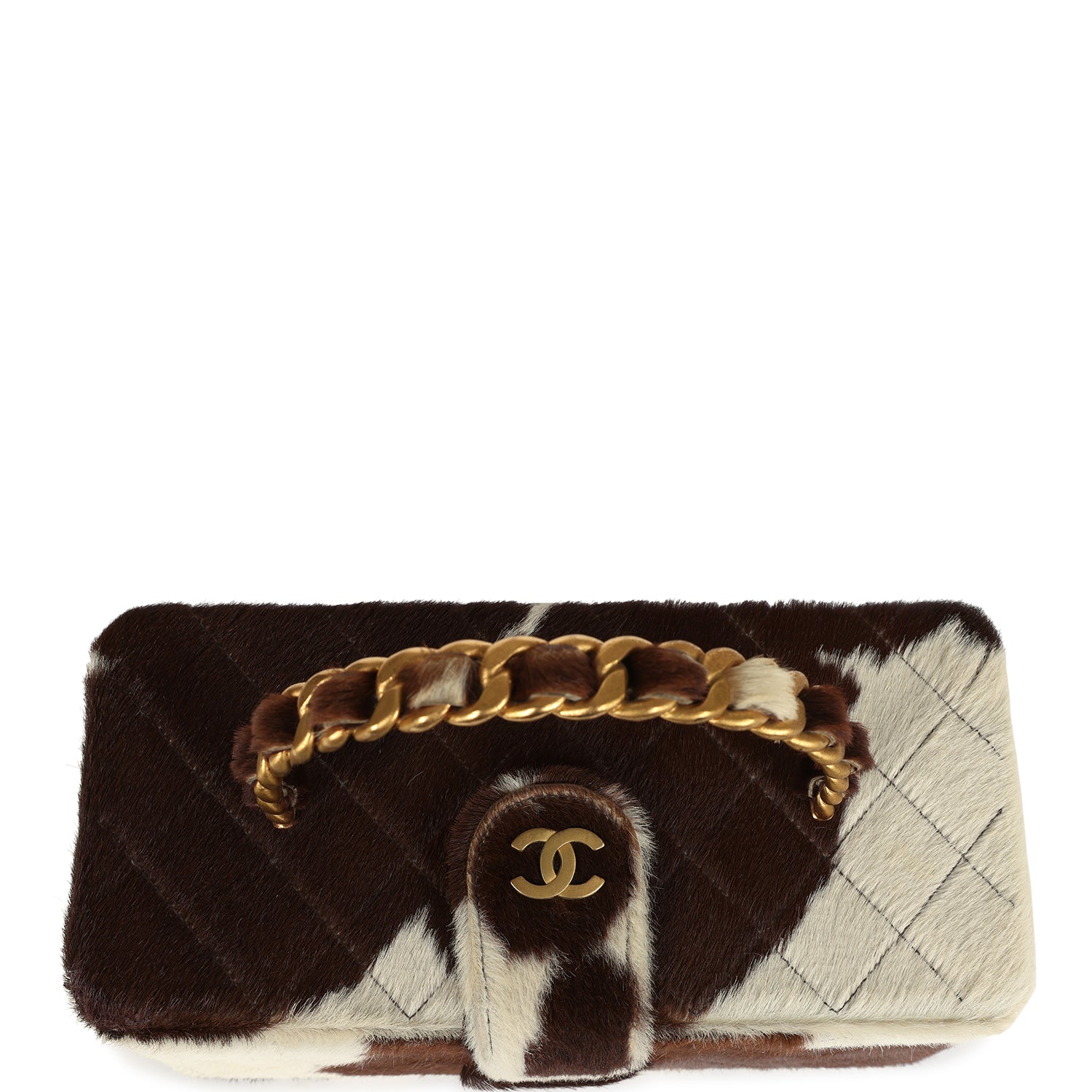 New Chanel Rectangular Vanity Box Brown and White Cow Print Pony Hair Antique Gold Hardware