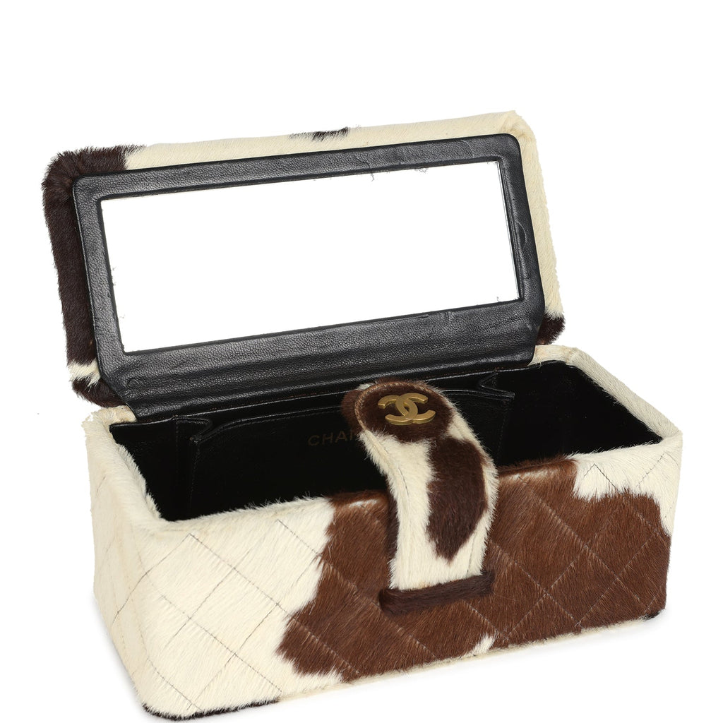 New Chanel Rectangular Vanity Box Brown and White Cow Print Pony Hair Antique Gold Hardware