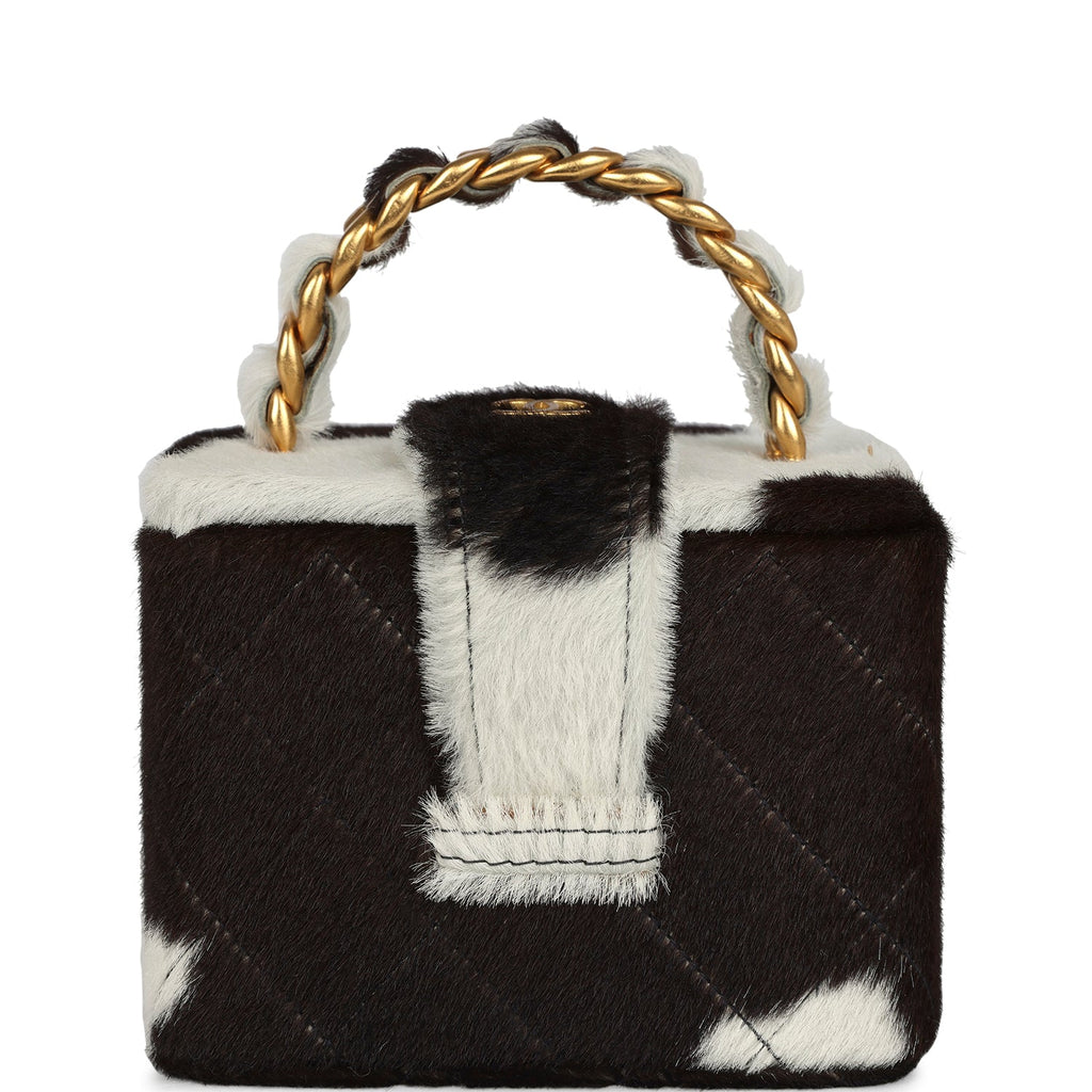 New Chanel Square Vanity Box Brown and White Cow Print Pony Hair Antique Gold Hardware