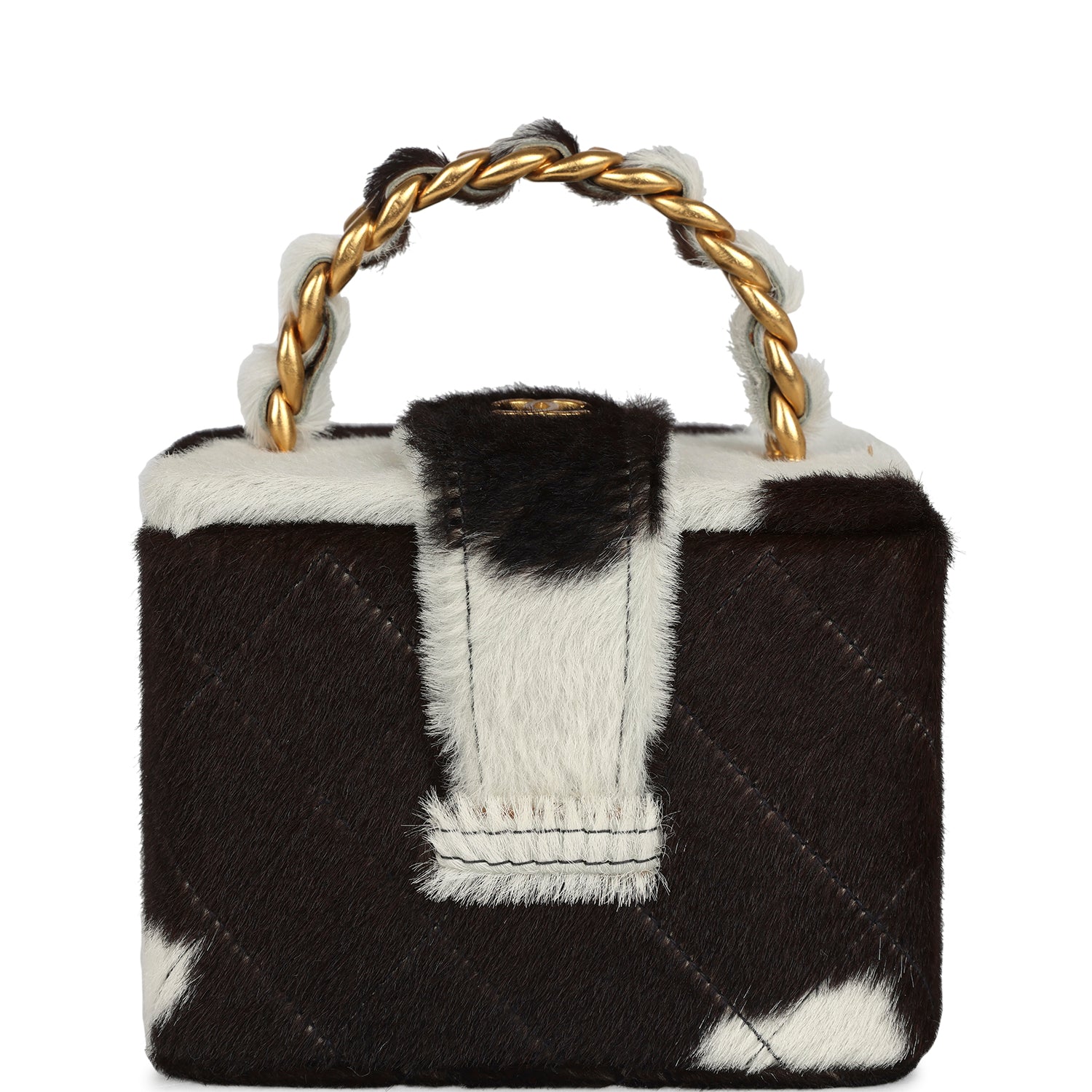 New Chanel Square Vanity Box Brown and White Cow Print Pony Hair Antique Gold Hardware