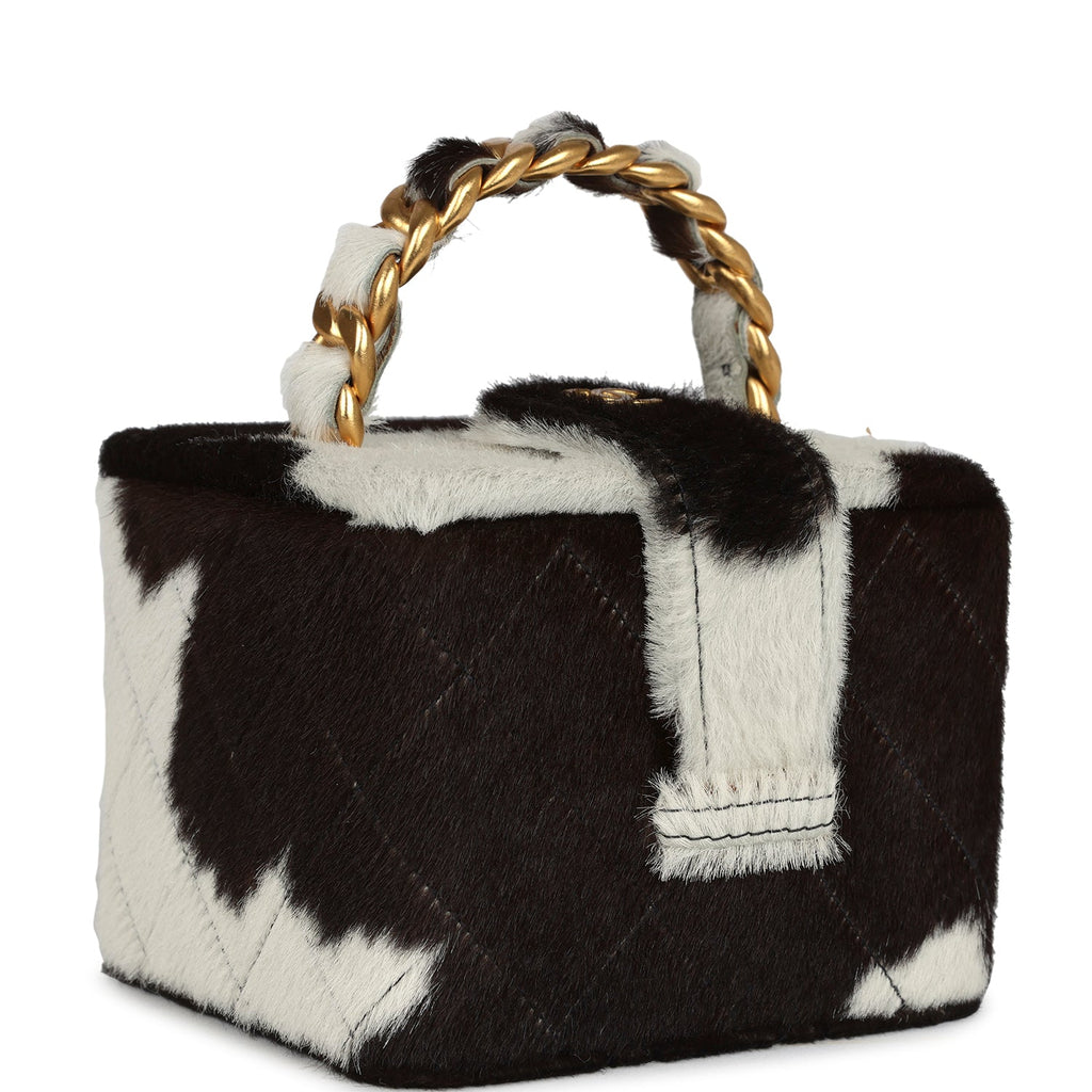 New Chanel Square Vanity Box Brown and White Cow Print Pony Hair Antique Gold Hardware