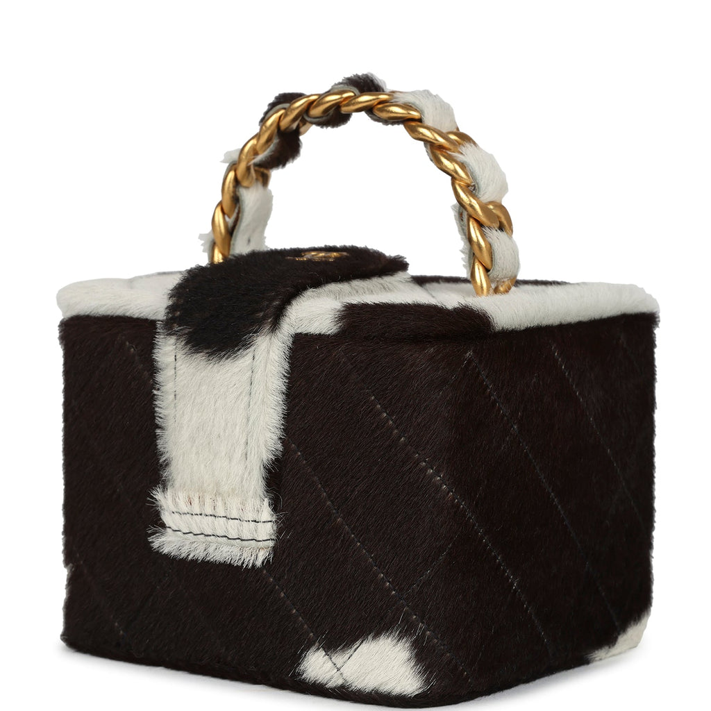 New Chanel Square Vanity Box Brown and White Cow Print Pony Hair Antique Gold Hardware