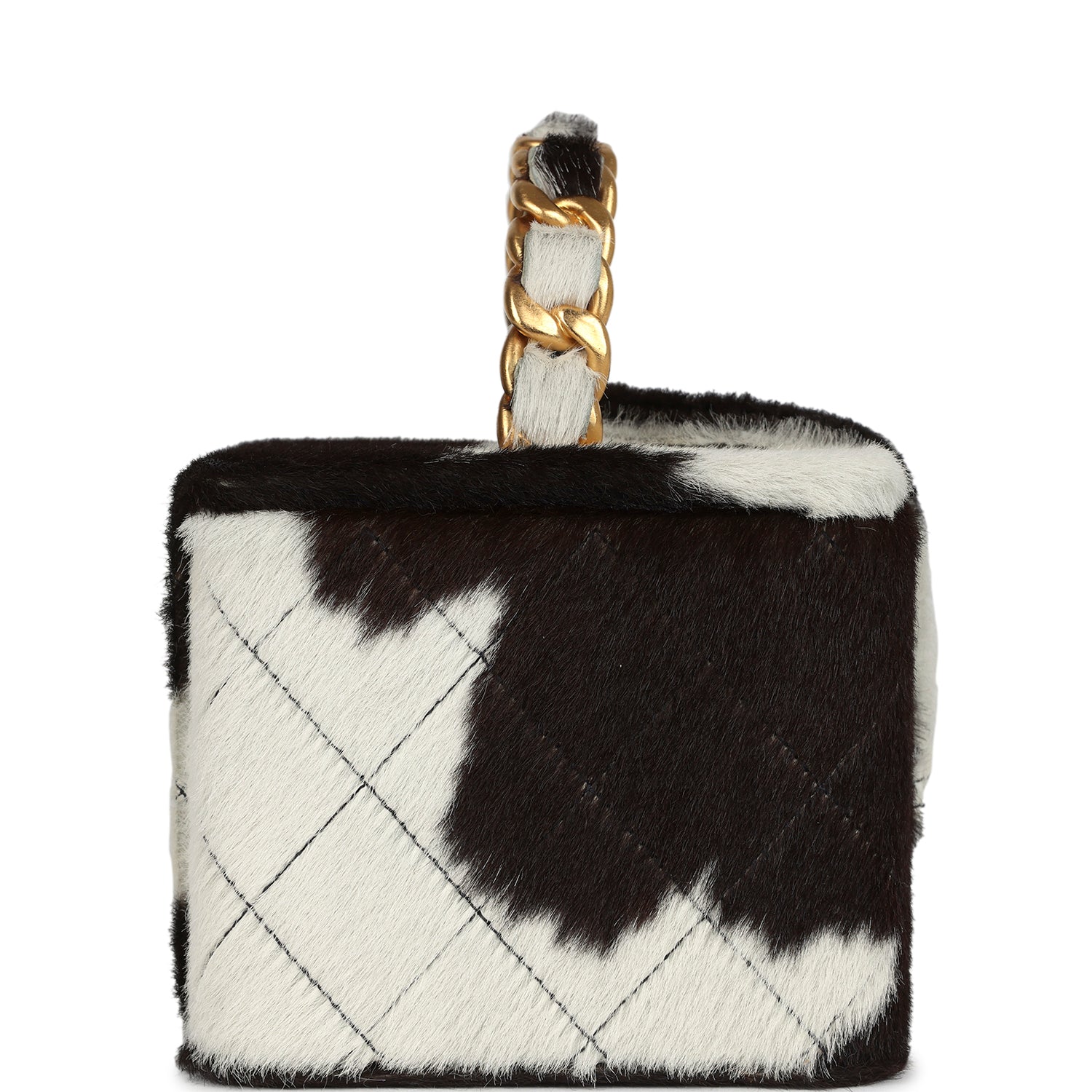 New Chanel Square Vanity Box Brown and White Cow Print Pony Hair Antique Gold Hardware