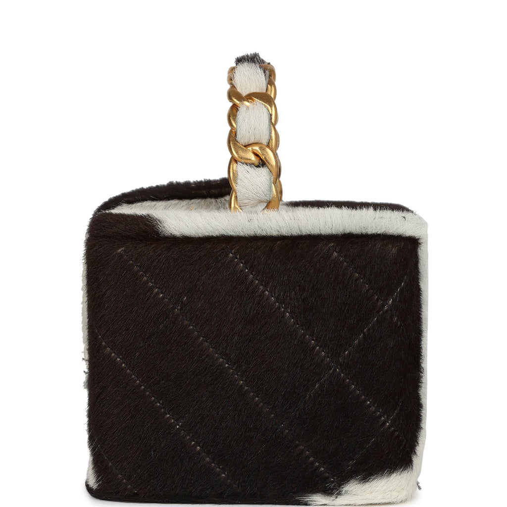 New Chanel Square Vanity Box Brown and White Cow Print Pony Hair Antique Gold Hardware