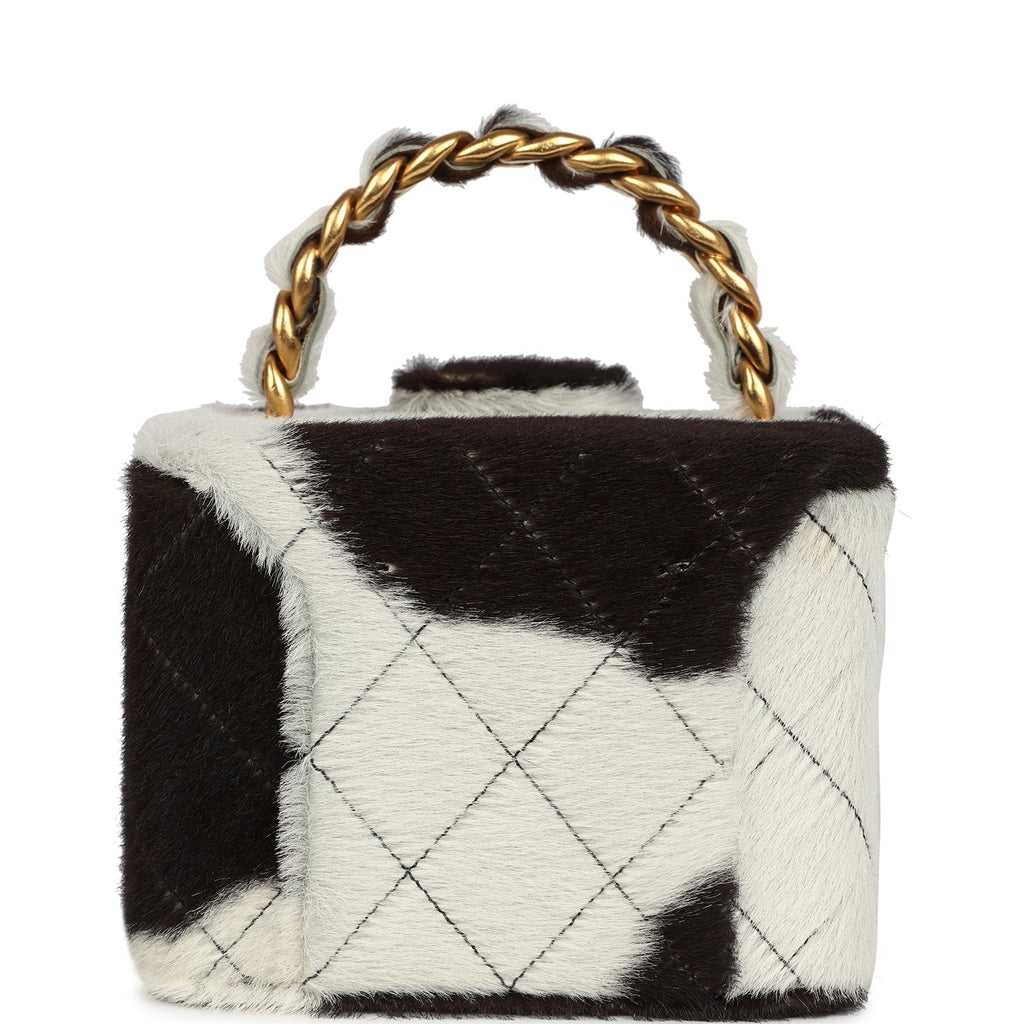 New Chanel Square Vanity Box Brown and White Cow Print Pony Hair Antique Gold Hardware