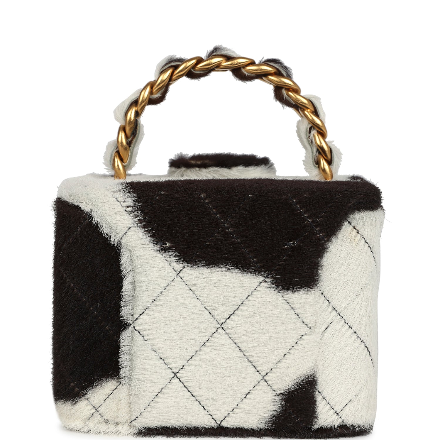 New Chanel Square Vanity Box Brown and White Cow Print Pony Hair Antique Gold Hardware