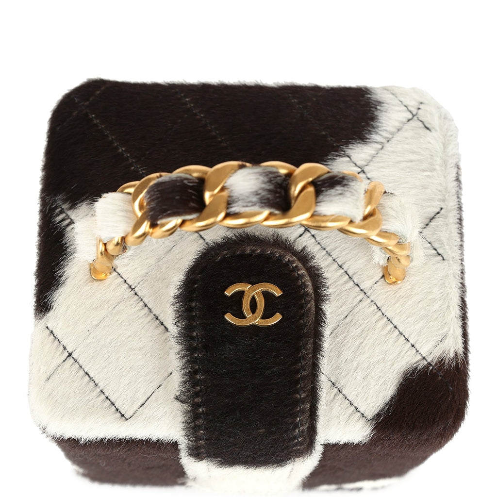 New Chanel Square Vanity Box Brown and White Cow Print Pony Hair Antique Gold Hardware