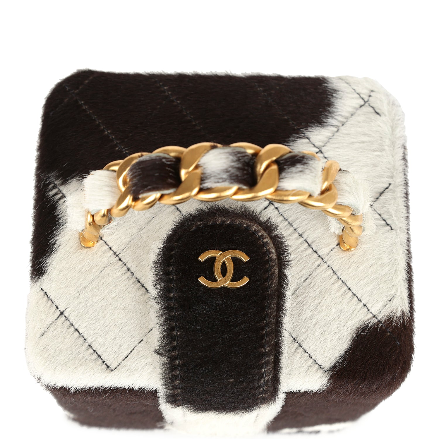 New Chanel Square Vanity Box Brown and White Cow Print Pony Hair Antique Gold Hardware
