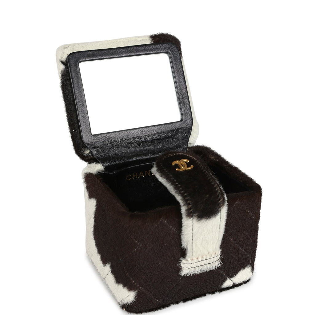 New Chanel Square Vanity Box Brown and White Cow Print Pony Hair Antique Gold Hardware