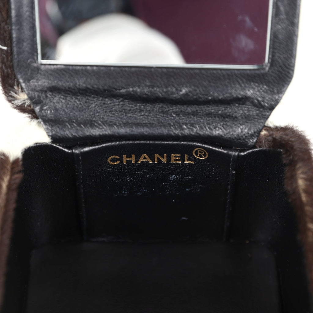 New Chanel Square Vanity Box Brown and White Cow Print Pony Hair Antique Gold Hardware