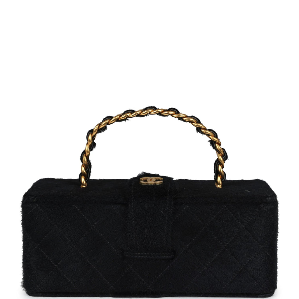 New Chanel Rectangular Vanity Box Black Pony Hair Antique Gold Hardware