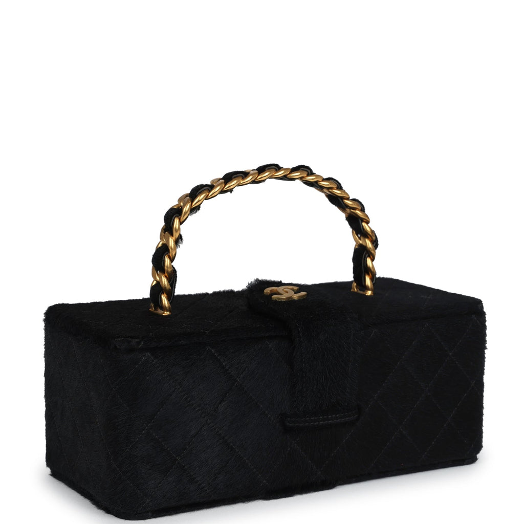 New Chanel Rectangular Vanity Box Black Pony Hair Antique Gold Hardware