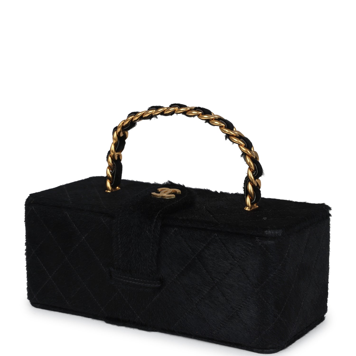 New Chanel Rectangular Vanity Box Black Pony Hair Antique Gold Hardware
