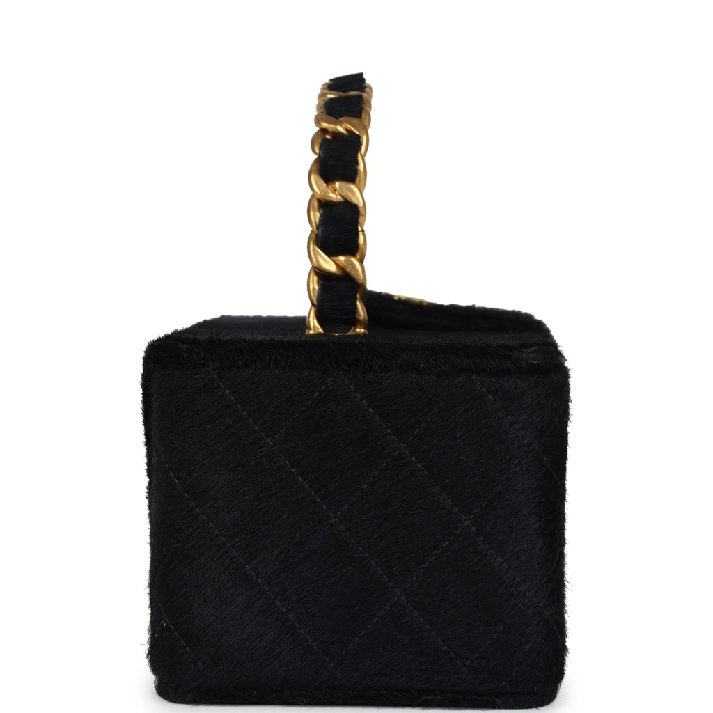 New Chanel Rectangular Vanity Box Black Pony Hair Antique Gold Hardware