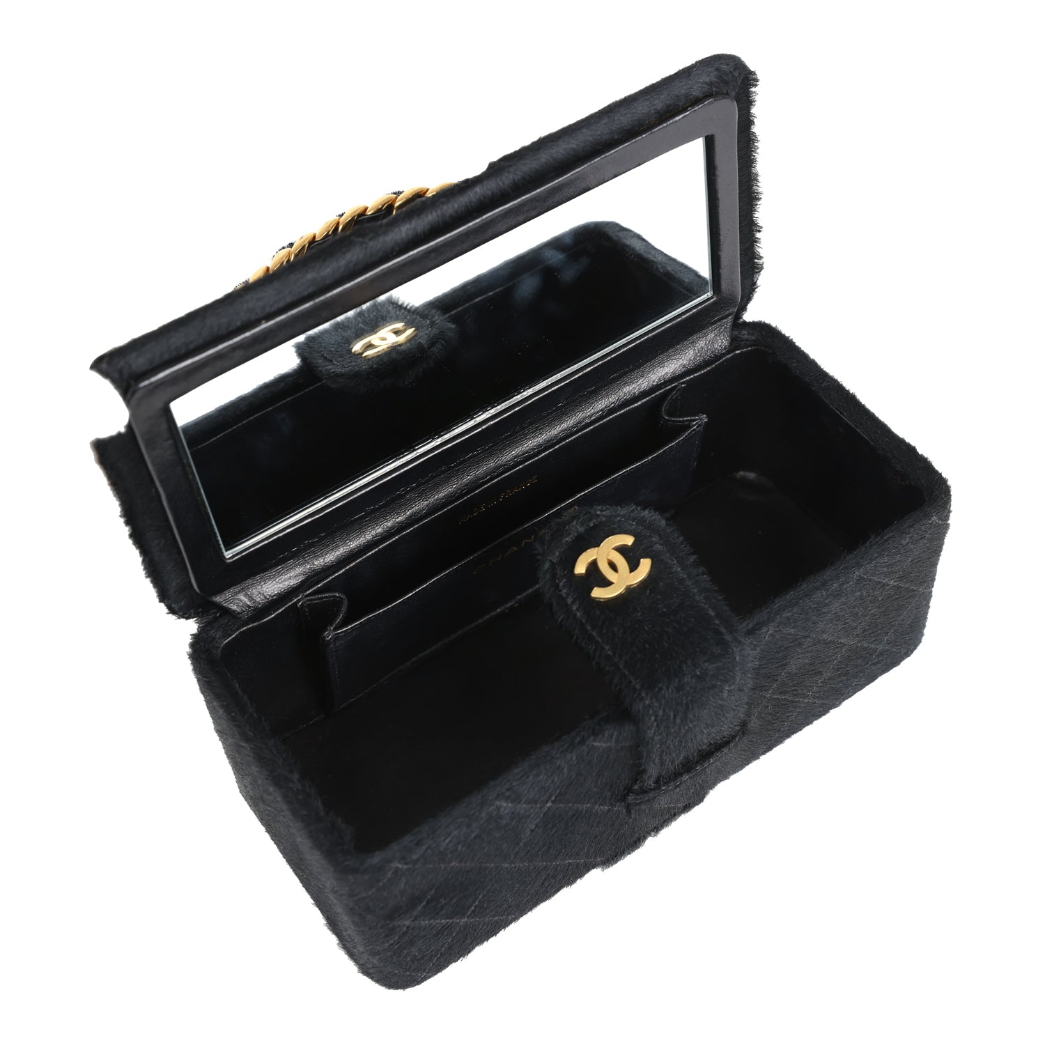 New Chanel Rectangular Vanity Box Black Pony Hair Antique Gold Hardware
