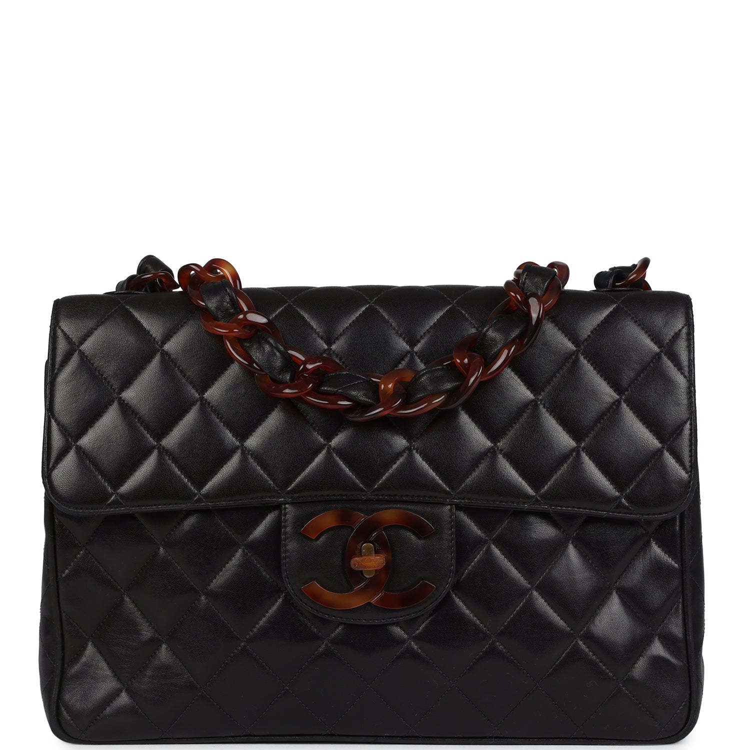 New Chanel Jumbo Classic Single Flap Bag Black Lambskin Tortoiseshell Bakelite Hardware