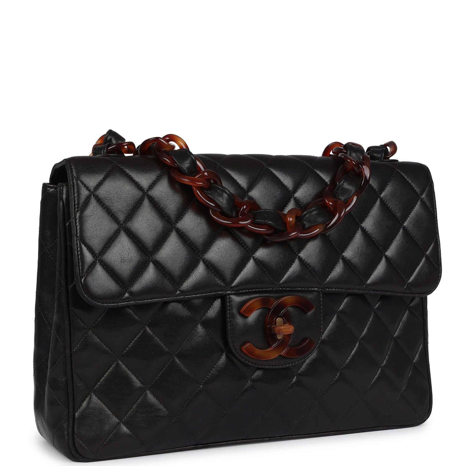 New Chanel Jumbo Classic Single Flap Bag Black Lambskin Tortoiseshell Bakelite Hardware