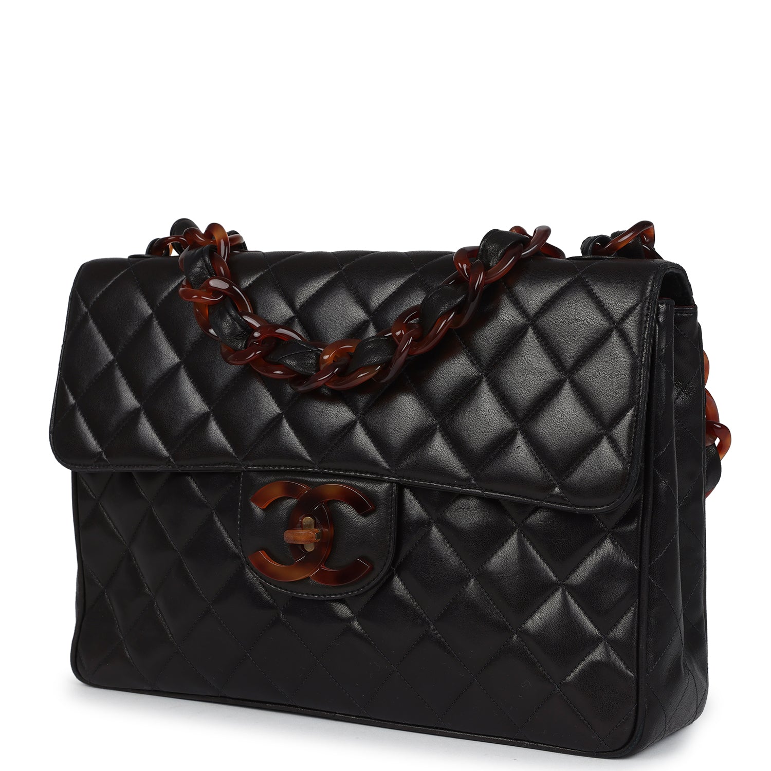 New Chanel Jumbo Classic Single Flap Bag Black Lambskin Tortoiseshell Bakelite Hardware