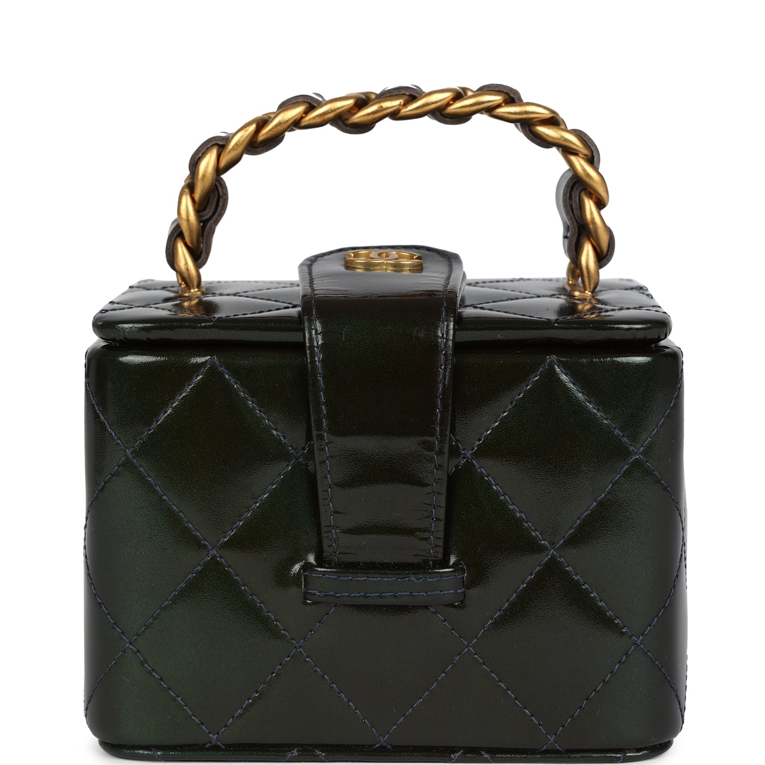 New Chanel Mini Square Vanity Green Patent Antique Gold Hardware