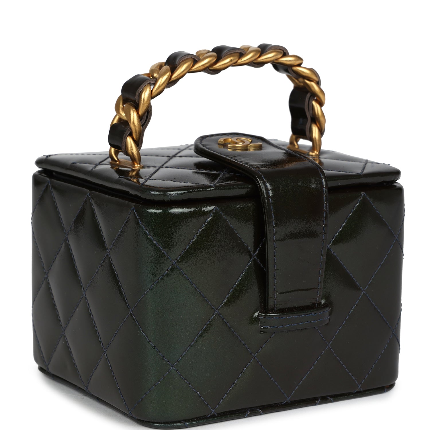 New Chanel Mini Square Vanity Green Patent Antique Gold Hardware
