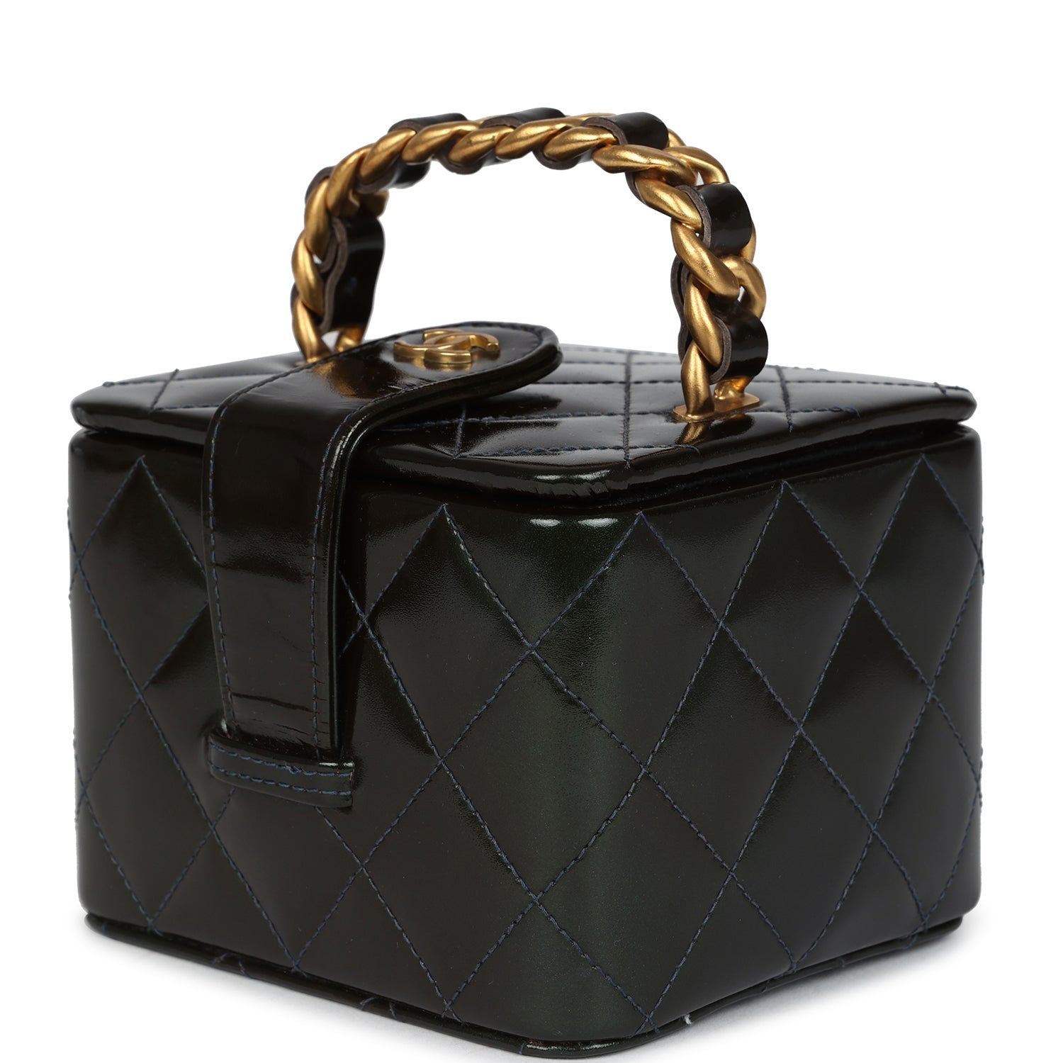 New Chanel Mini Square Vanity Green Patent Antique Gold Hardware