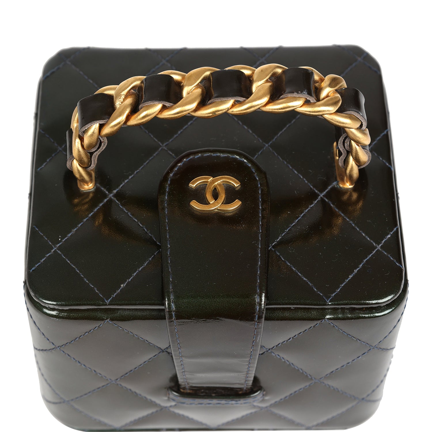 New Chanel Mini Square Vanity Green Patent Antique Gold Hardware