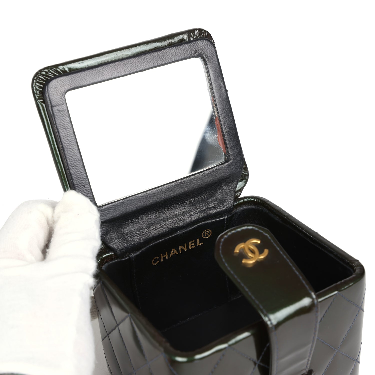 New Chanel Mini Square Vanity Green Patent Antique Gold Hardware