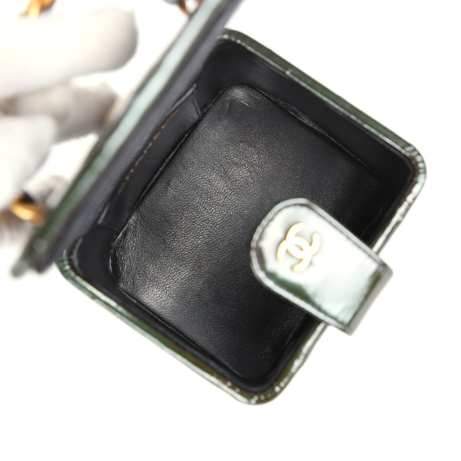 New Chanel Mini Square Vanity Green Patent Antique Gold Hardware