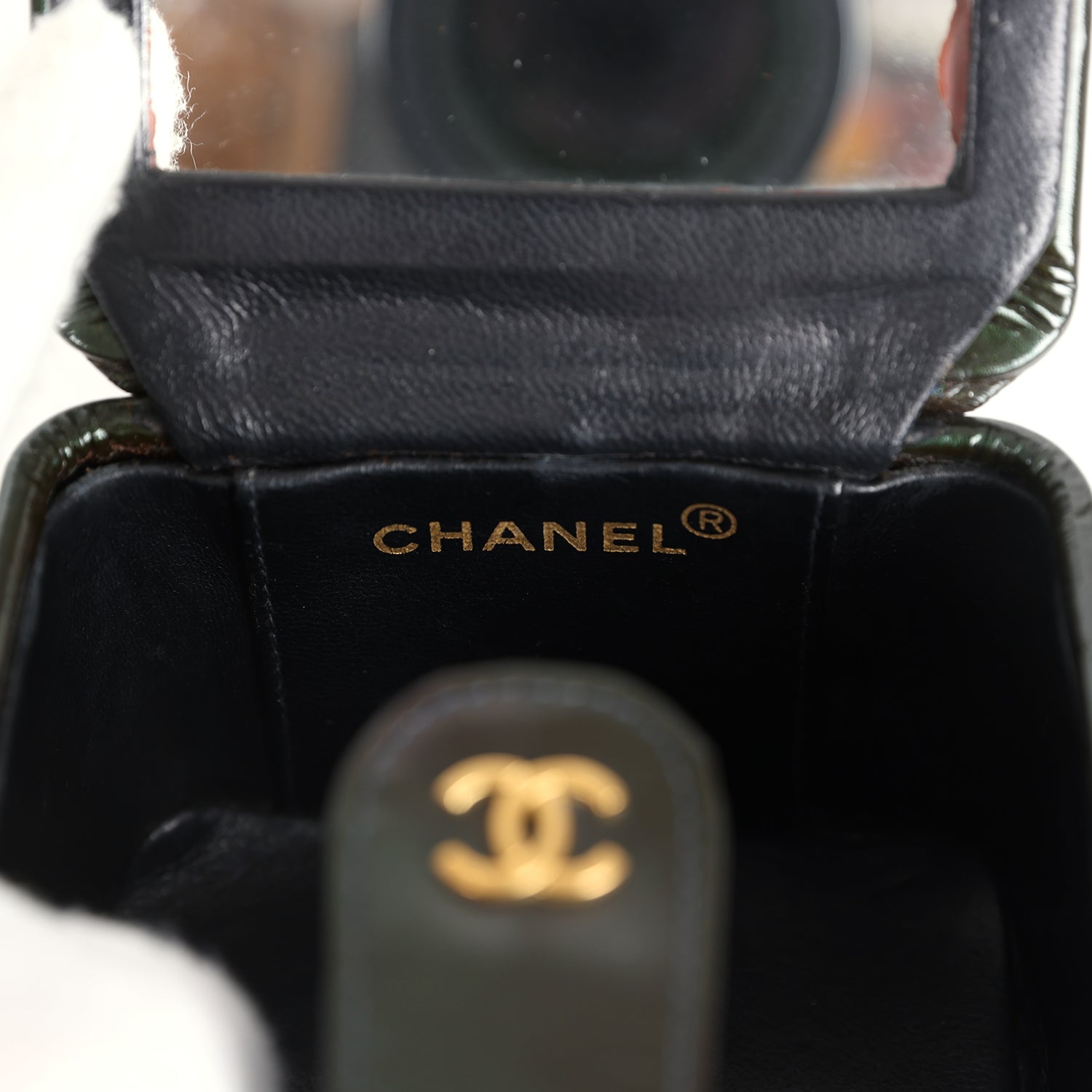 New Chanel Mini Square Vanity Green Patent Antique Gold Hardware