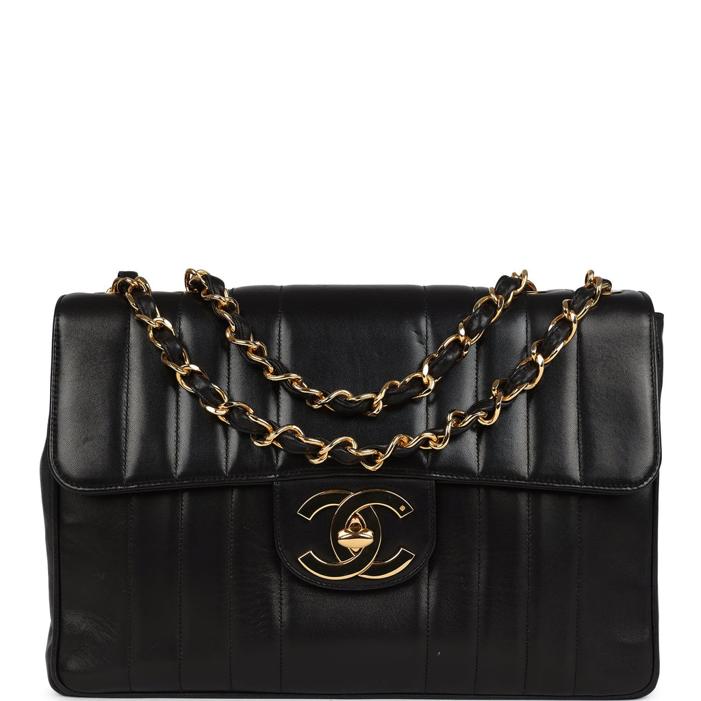 New Chanel Jumbo Classic Mademoiselle Vertical Flap Black Lambskin Gold Hardware
