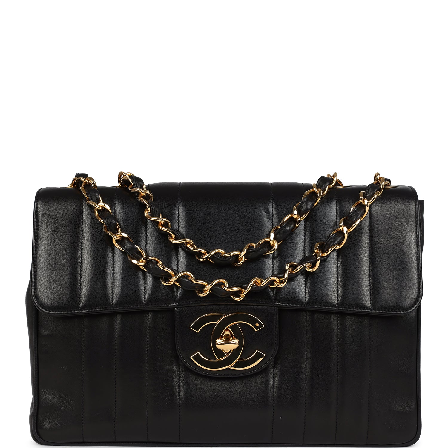 New Chanel Jumbo Classic Mademoiselle Vertical Flap Black Lambskin Gold Hardware
