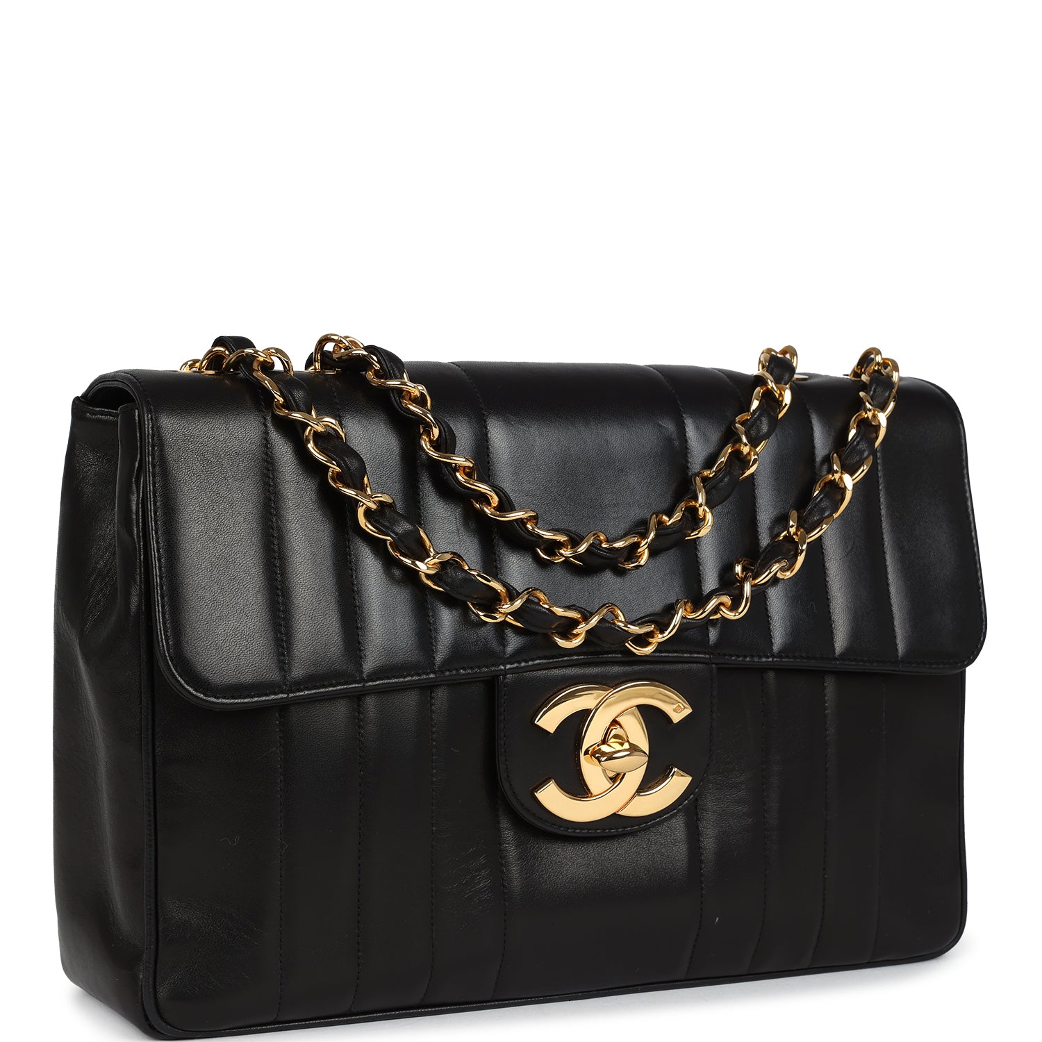 New Chanel Jumbo Classic Mademoiselle Vertical Flap Black Lambskin Gold Hardware