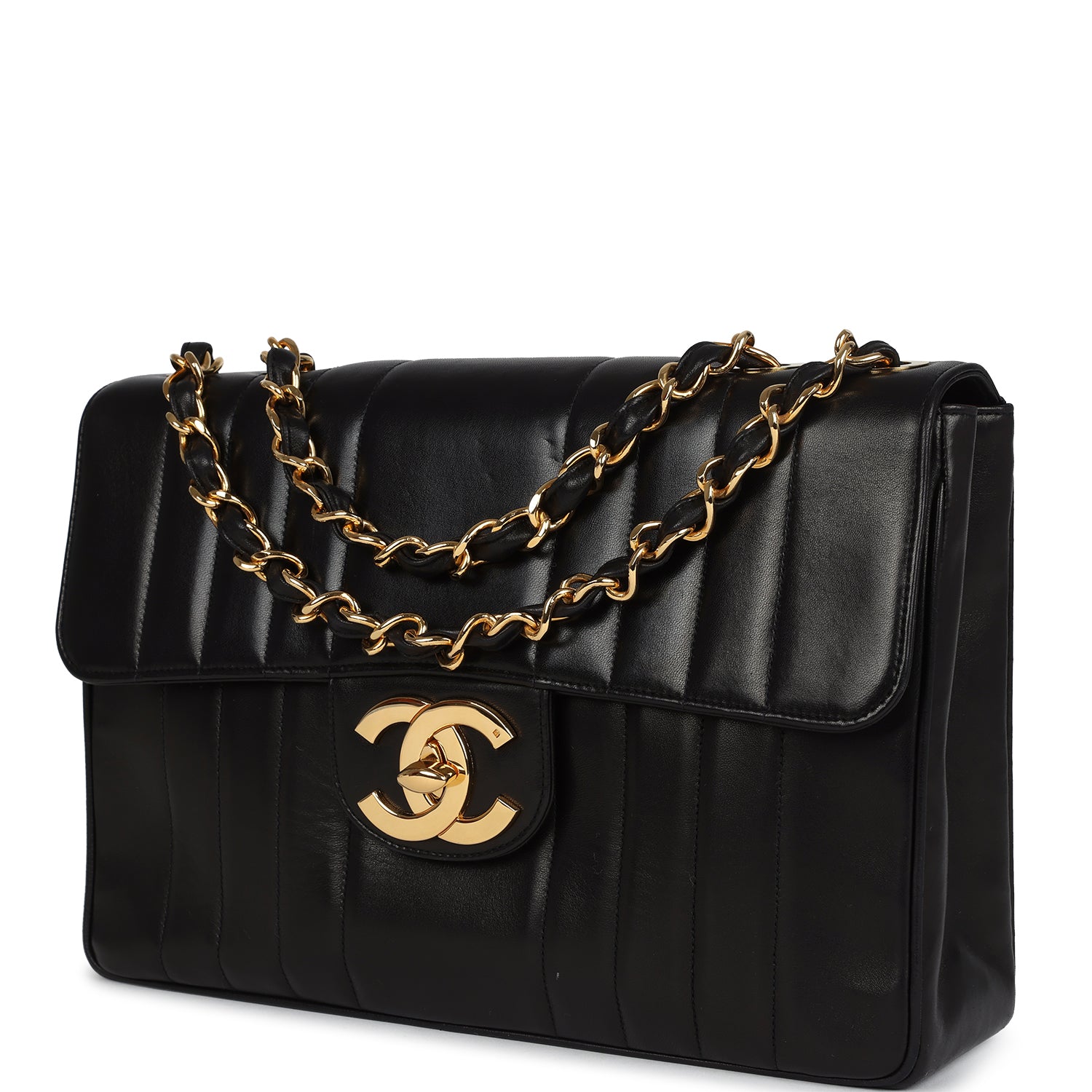 New Chanel Jumbo Classic Mademoiselle Vertical Flap Black Lambskin Gold Hardware