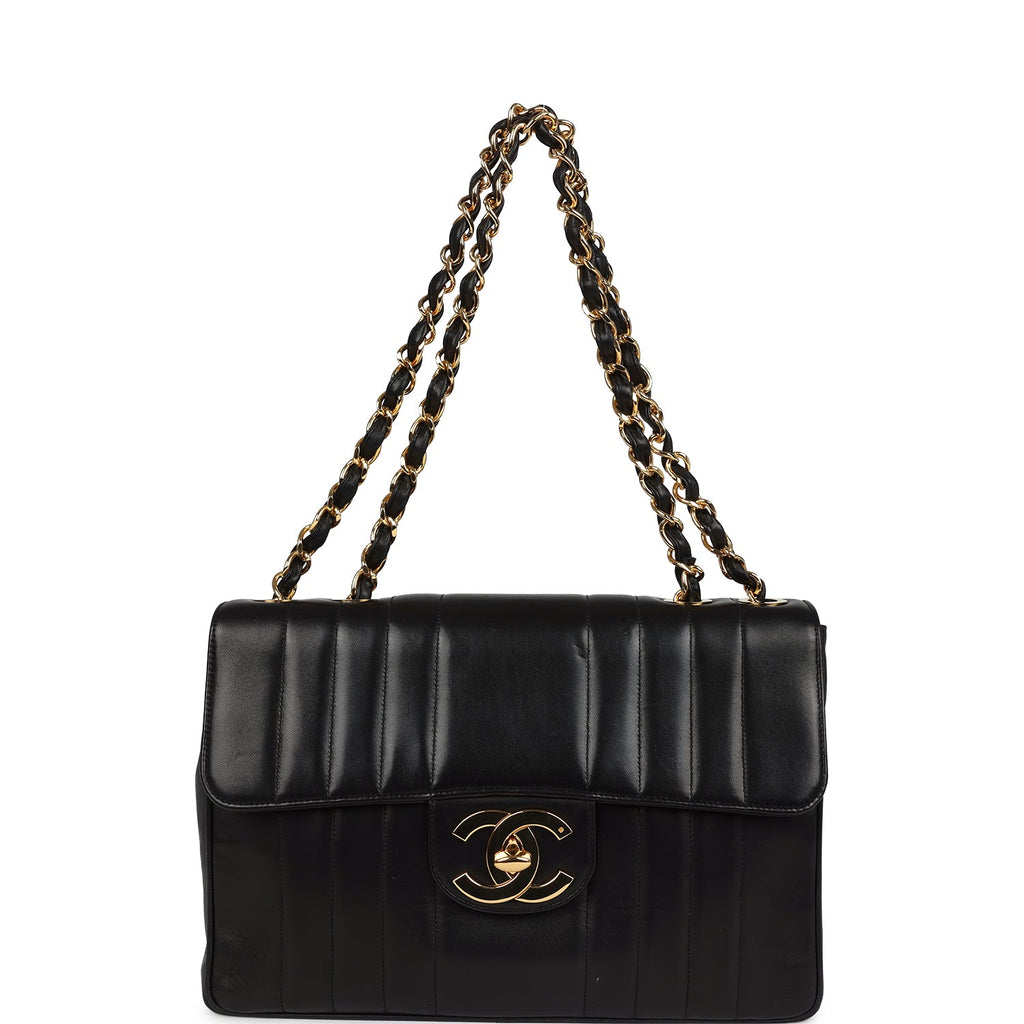 New Chanel Jumbo Classic Mademoiselle Vertical Flap Black Lambskin Gold Hardware