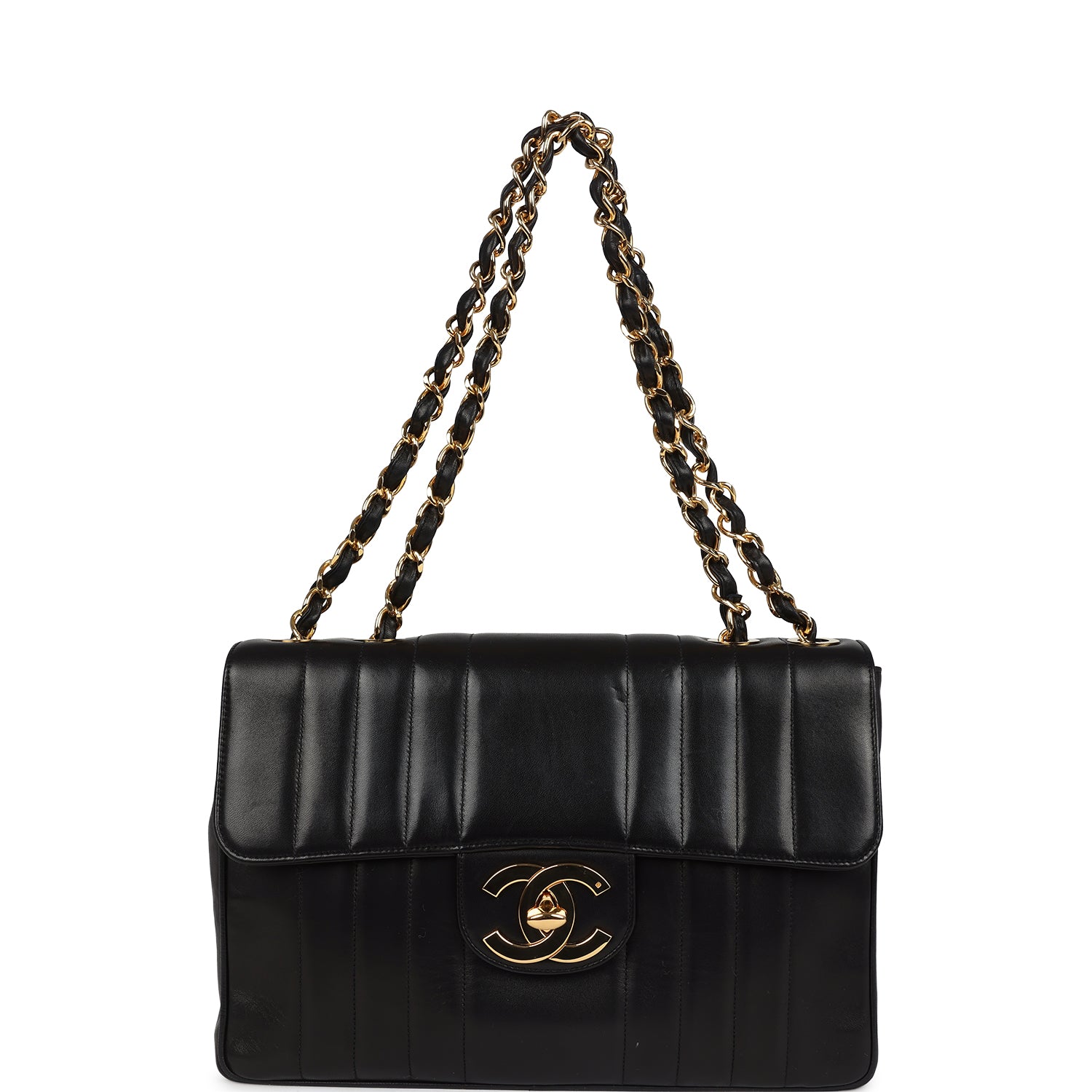 New Chanel Jumbo Classic Mademoiselle Vertical Flap Black Lambskin Gold Hardware