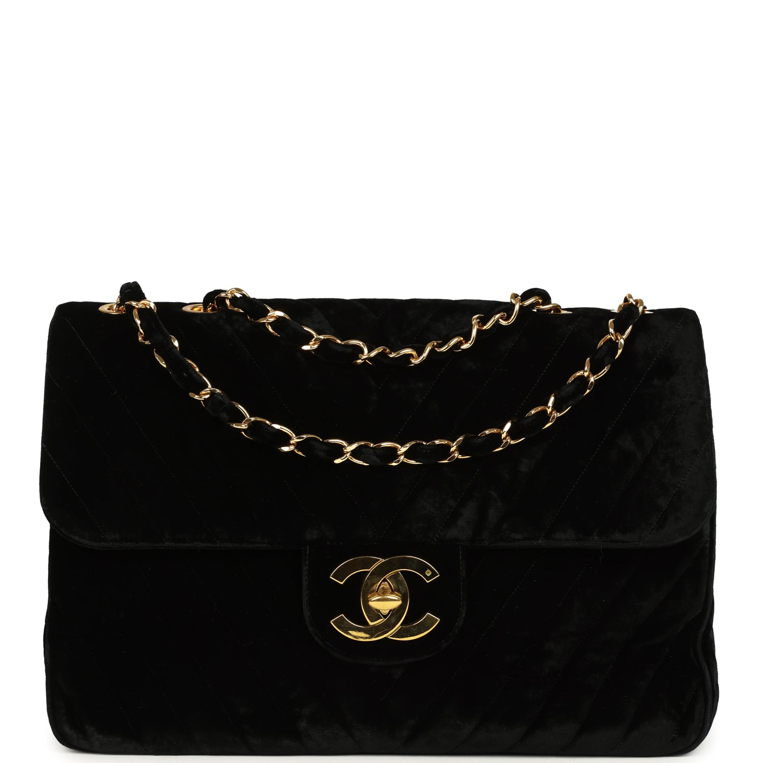 New Chanel XL Classic Chevron Single Flap Bag Black Velvet Gold Hardware