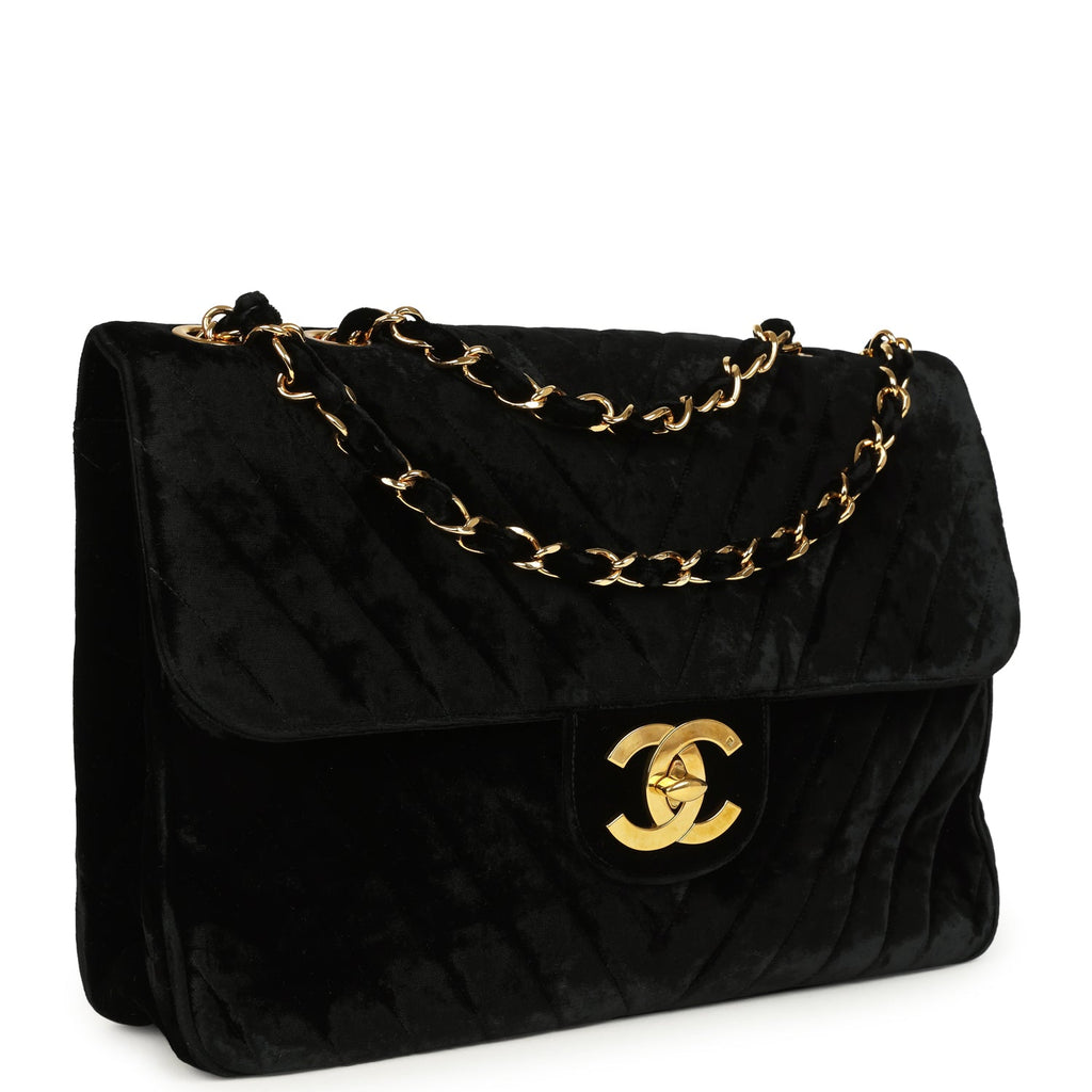 New Chanel XL Classic Chevron Single Flap Bag Black Velvet Gold Hardware