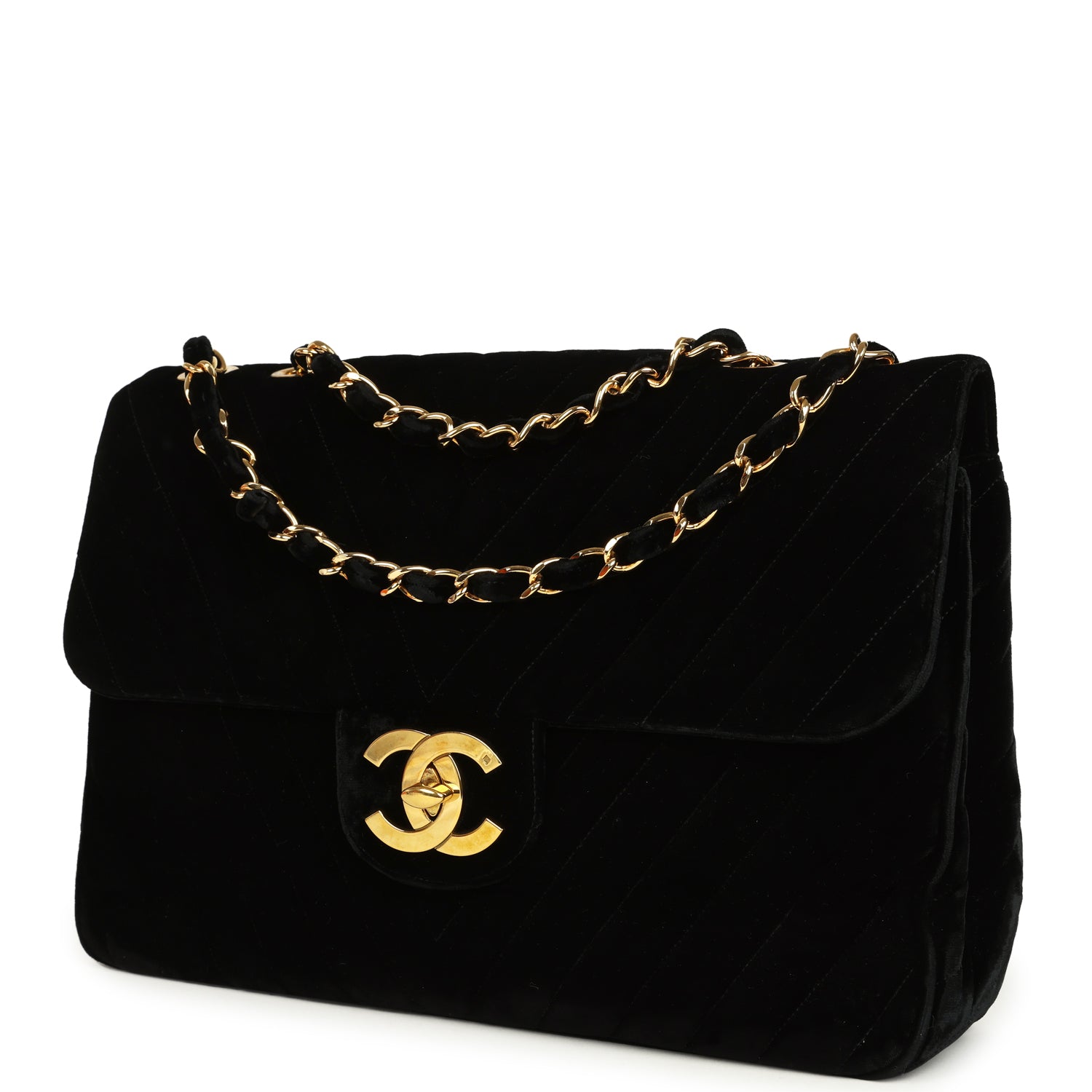 New Chanel XL Classic Chevron Single Flap Bag Black Velvet Gold Hardware