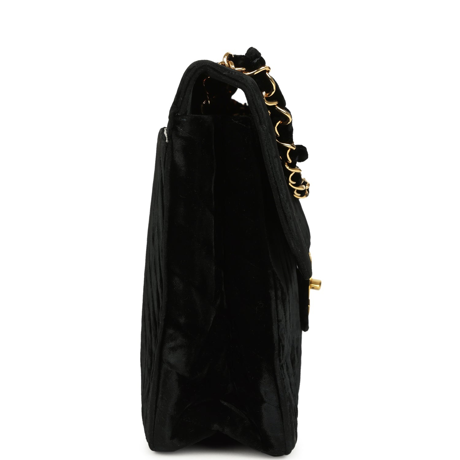 New Chanel XL Classic Chevron Single Flap Bag Black Velvet Gold Hardware