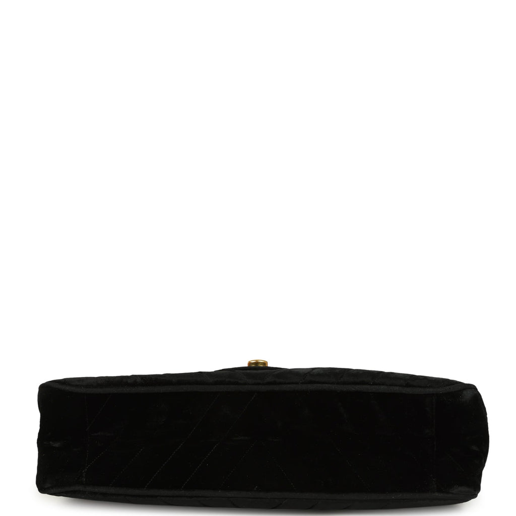 New Chanel XL Classic Chevron Single Flap Bag Black Velvet Gold Hardware