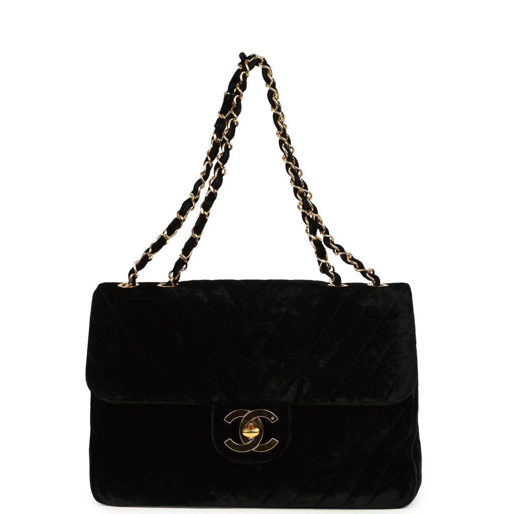 New Chanel XL Classic Chevron Single Flap Bag Black Velvet Gold Hardware