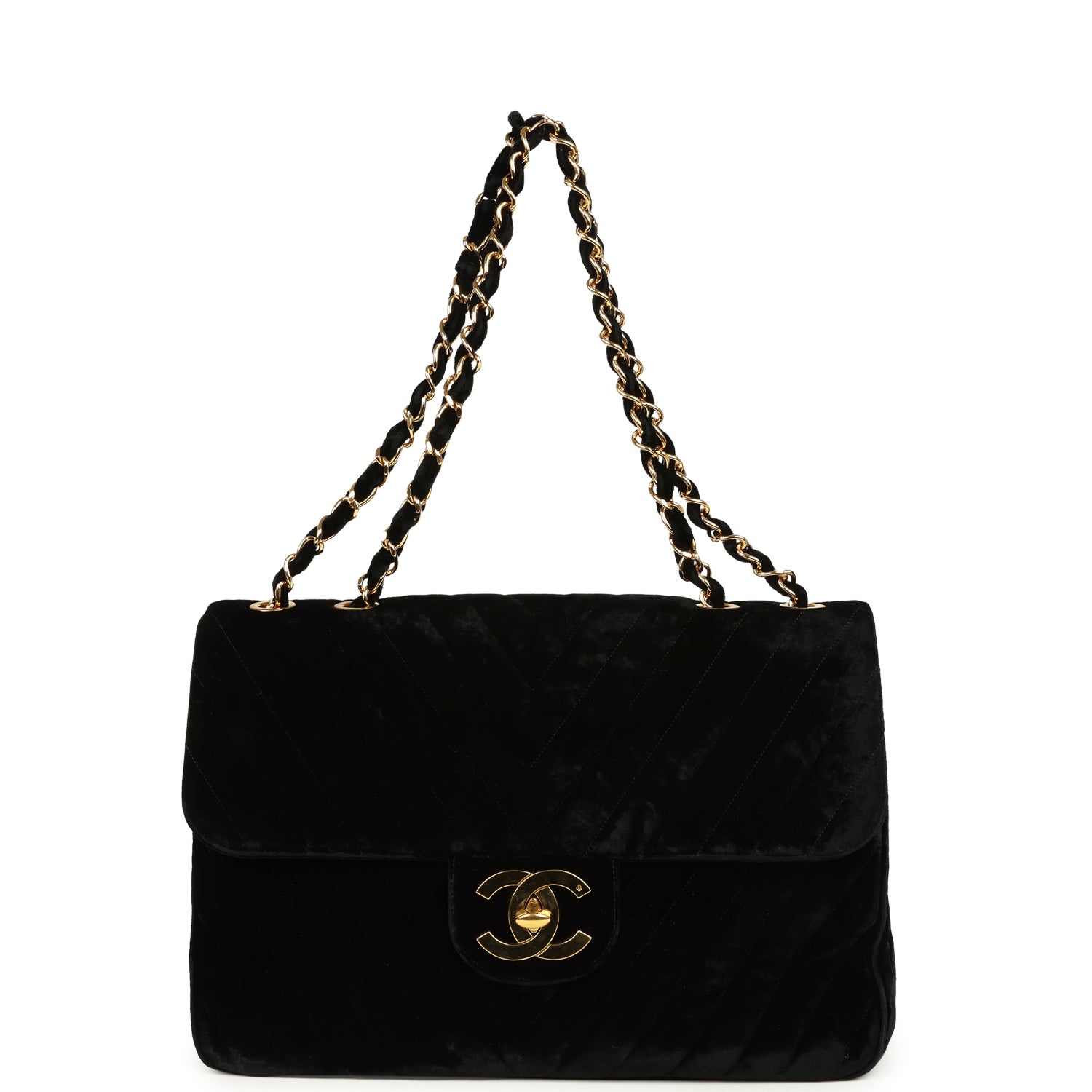 New Chanel XL Classic Chevron Single Flap Bag Black Velvet Gold Hardware
