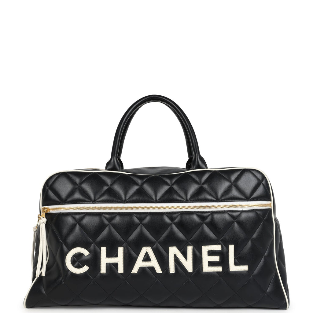 Vintage Chanel Large Logo Boston Bag Black and White Calfskin Gold Hardware