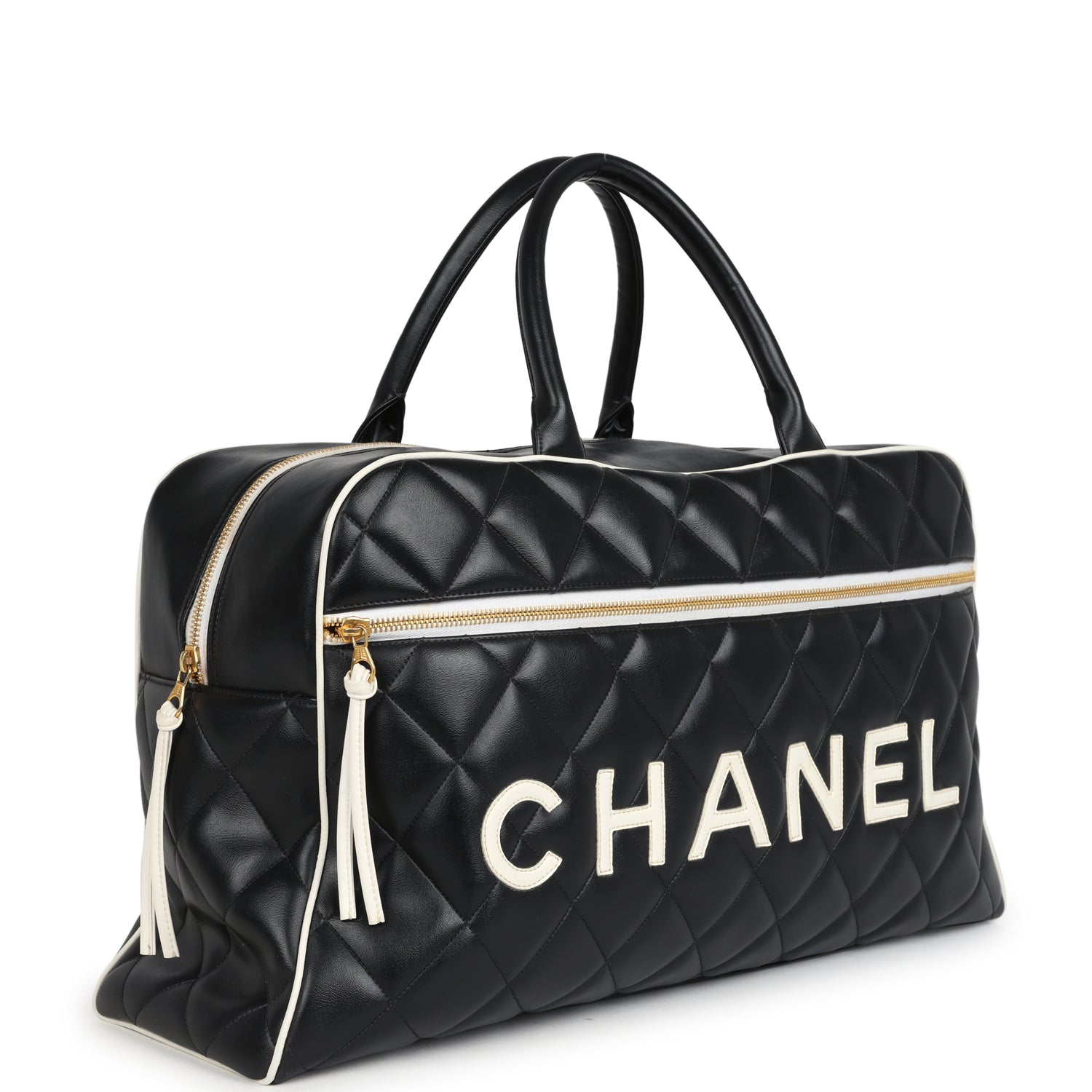 Vintage Chanel Large Logo Boston Bag Black and White Calfskin Gold Hardware