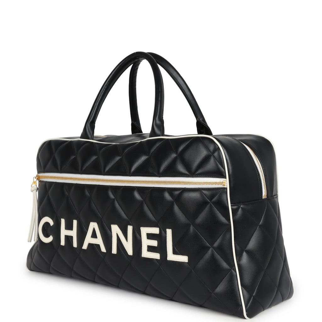 Vintage Chanel Large Logo Boston Bag Black and White Calfskin Gold Hardware