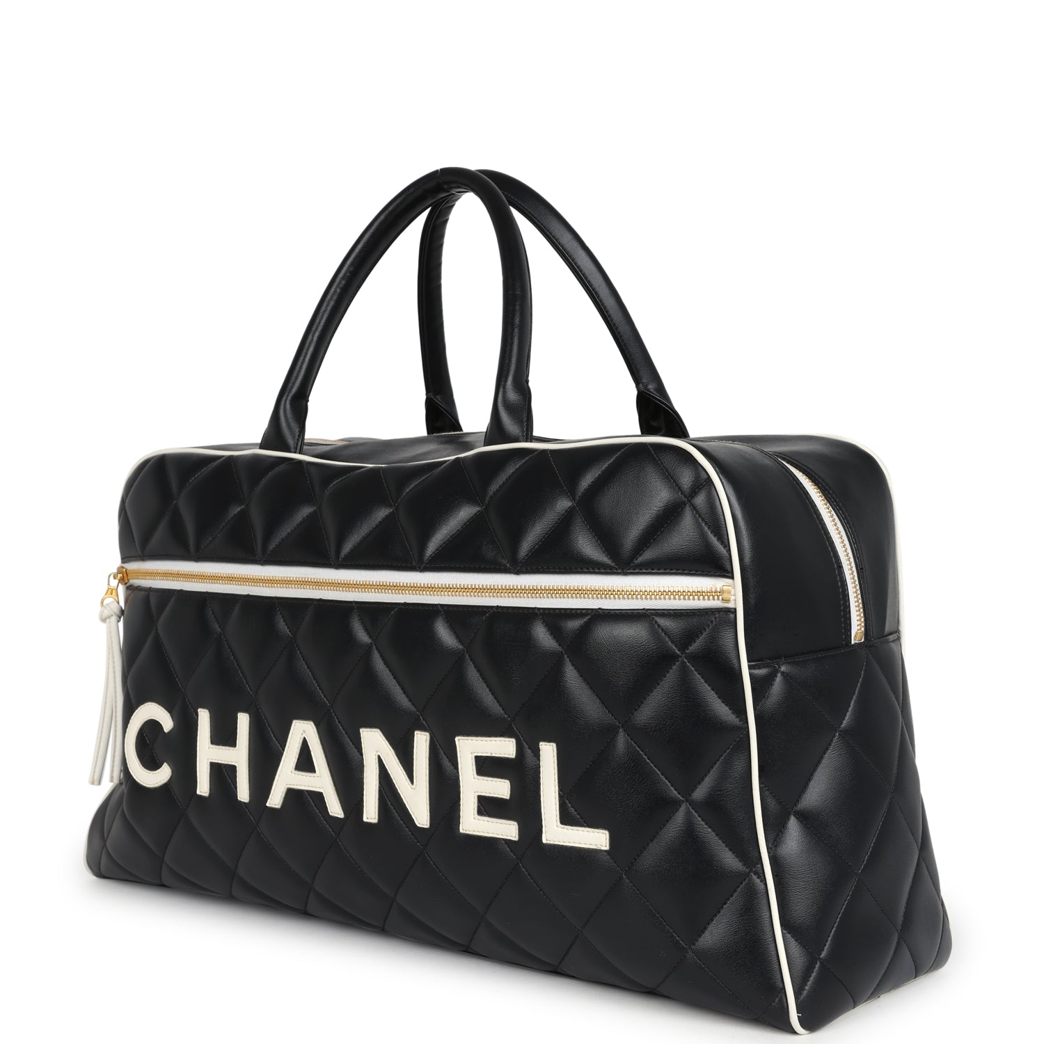 Vintage Chanel Large Logo Boston Bag Black and White Calfskin Gold Hardware
