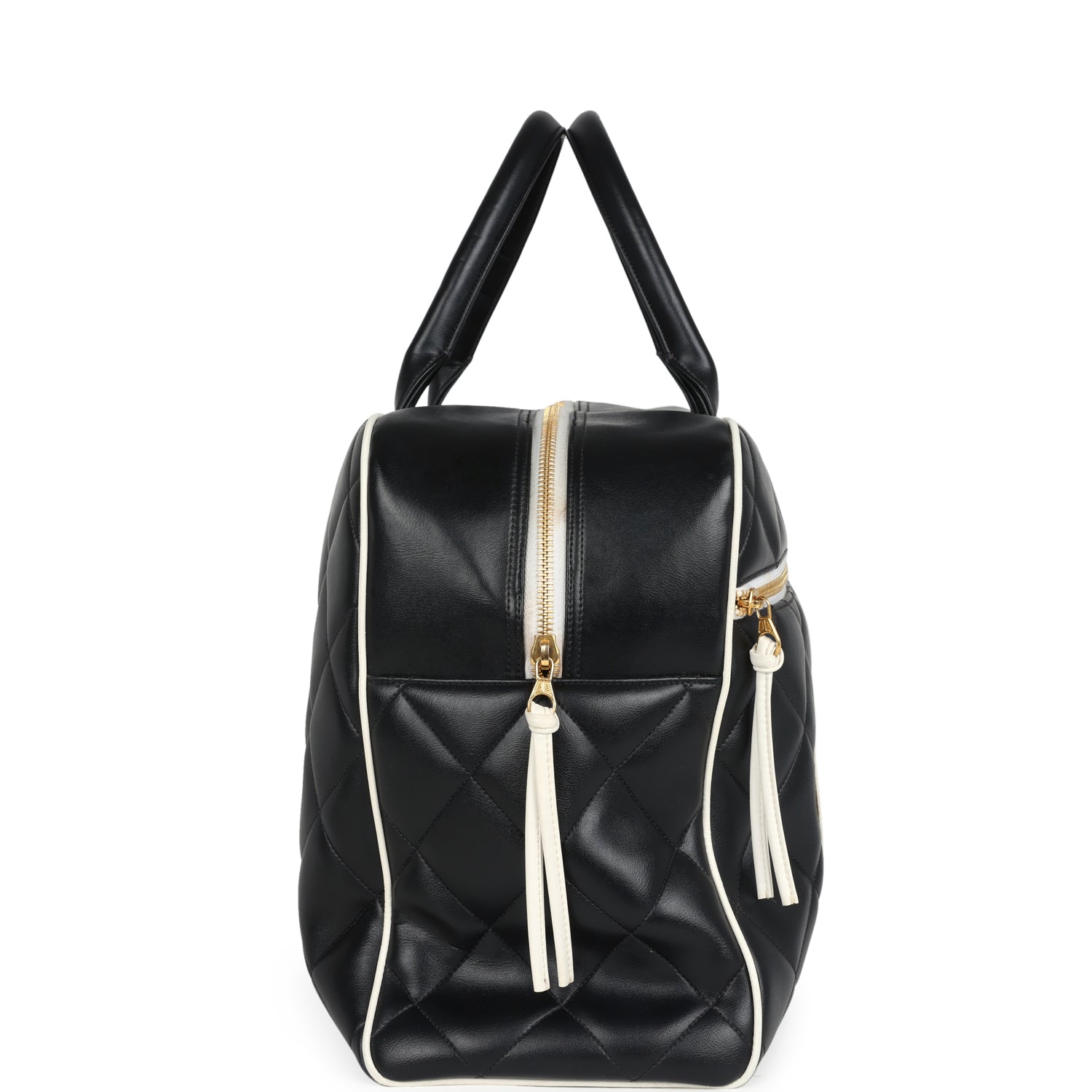 Vintage Chanel Large Logo Boston Bag Black and White Calfskin Gold Hardware