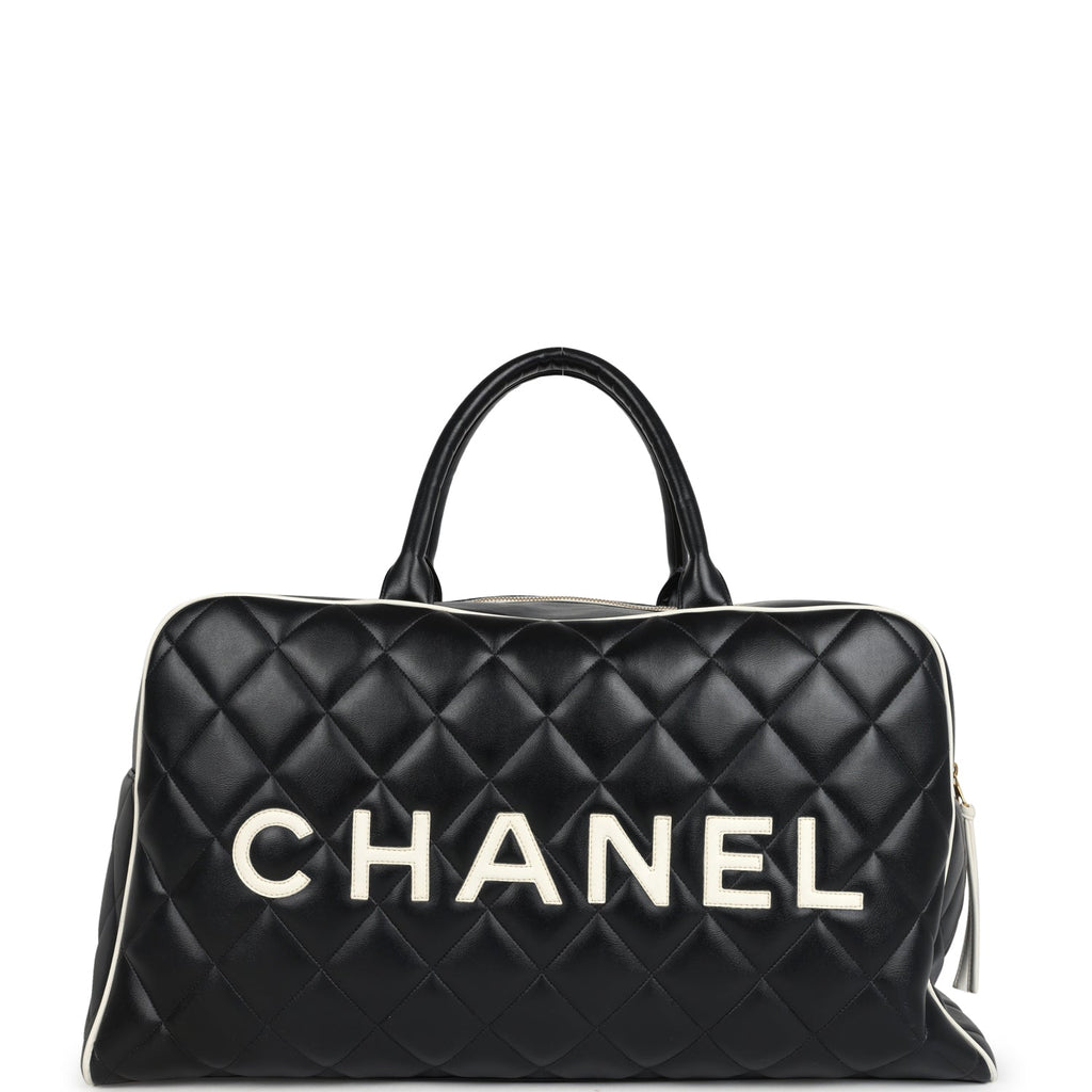 Vintage Chanel Large Logo Boston Bag Black and White Calfskin Gold Hardware