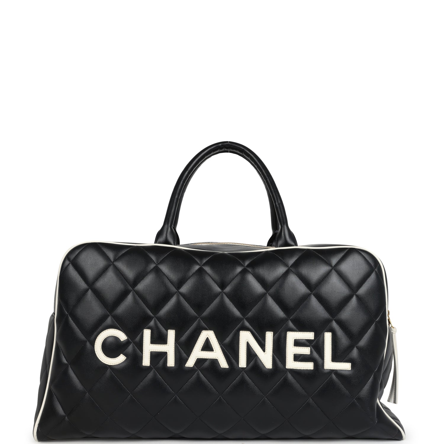 Vintage Chanel Large Logo Boston Bag Black and White Calfskin Gold Hardware