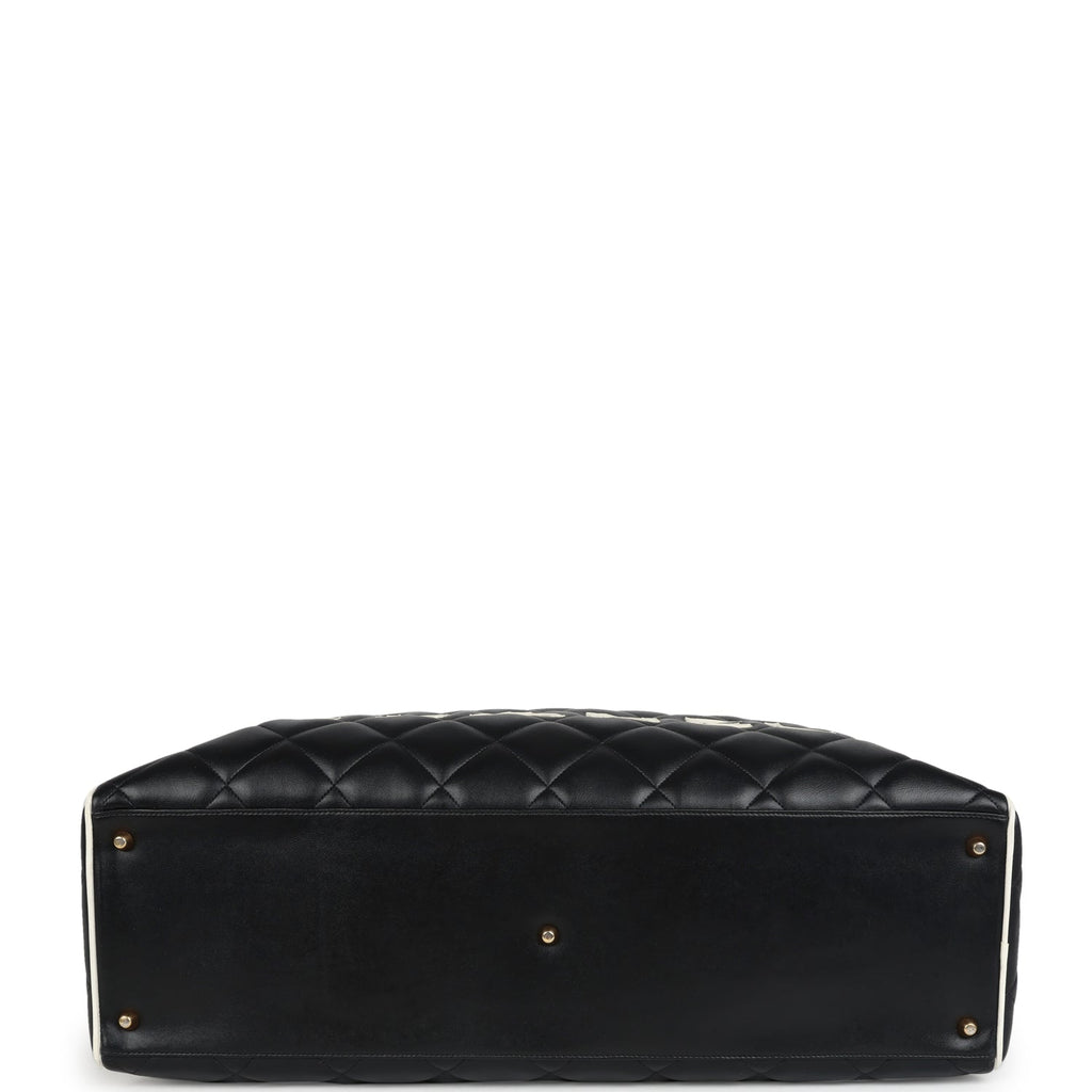 Vintage Chanel Large Logo Boston Bag Black and White Calfskin Gold Hardware